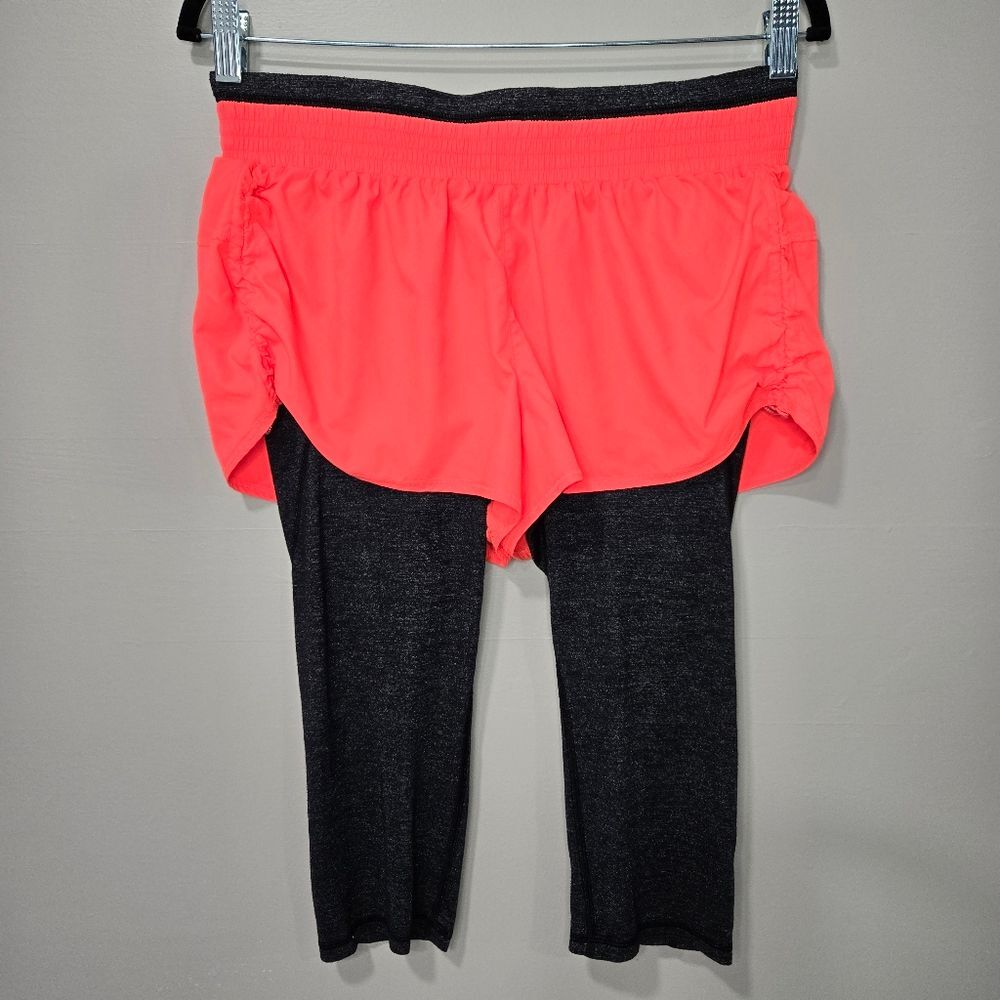Athleta Go Getter Knicker Shorts Over Capri 2-in-1 Neon Orange Heather Black